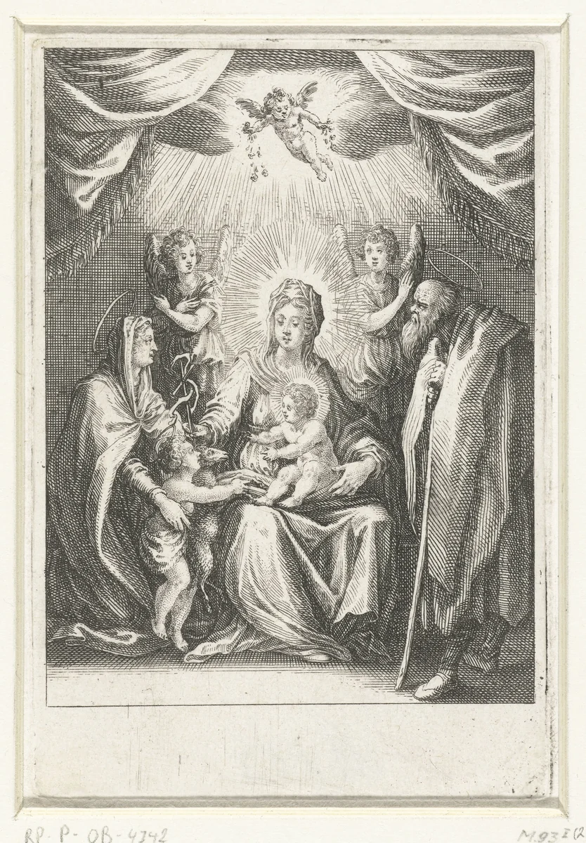 De Heilige Familie met Elizabeth en Johannes de Doper by Jacques Callot, print, 1621-1635