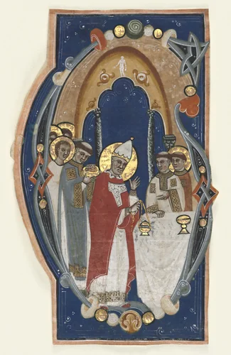 Historiated Initial (G) Excised from a Choir Book: St. Gregory the Great Celebrating Mass by Unknown, manuscript, 1295-1305