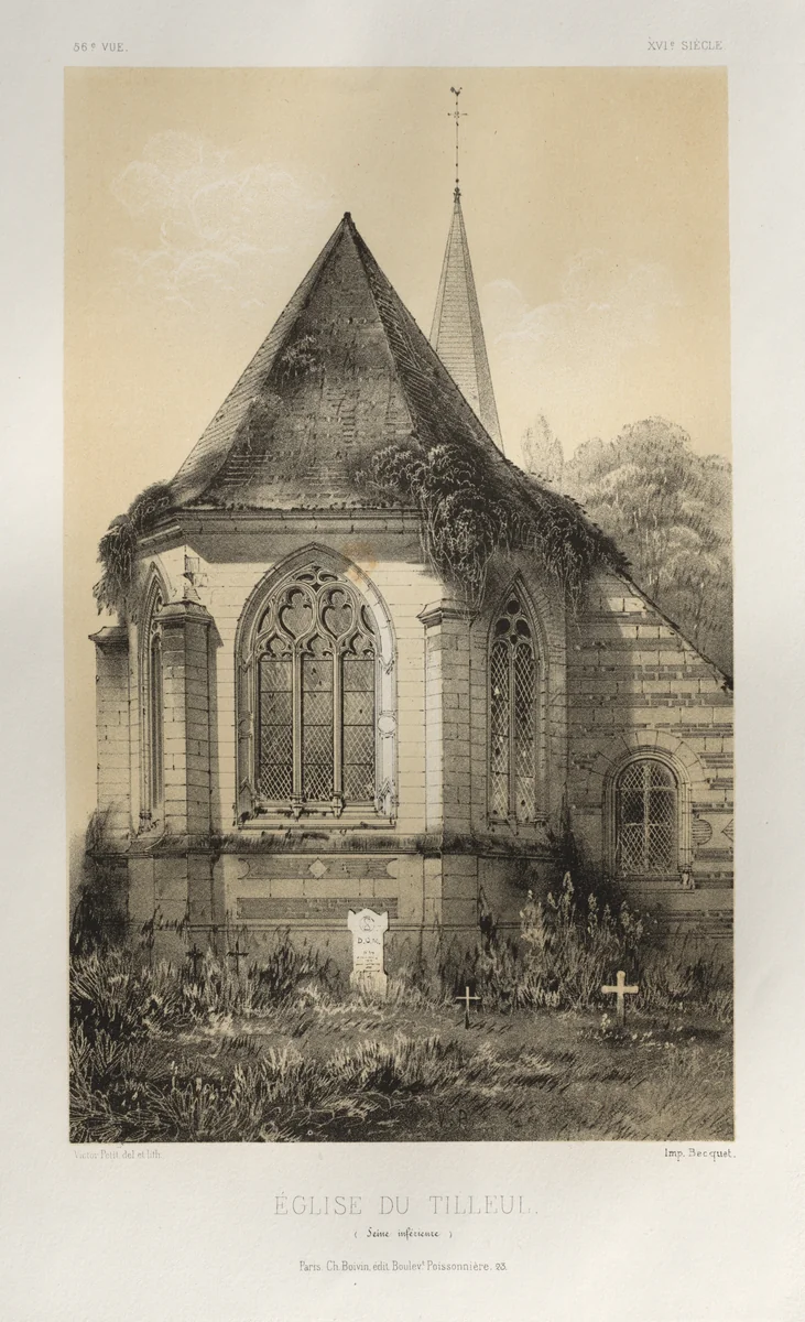 Architecture Pittoresque ou Monuments des XVeme. Et XVIeme. Siecles: Chateaux de France des XV et XVI Siecles: Pl. 56, Église Du Tilleul (Seine inférieure) by Victor Petit, print, 1860