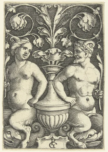 Vrouwelijke en mannelijke sater by Unknown, print, 1510-1550