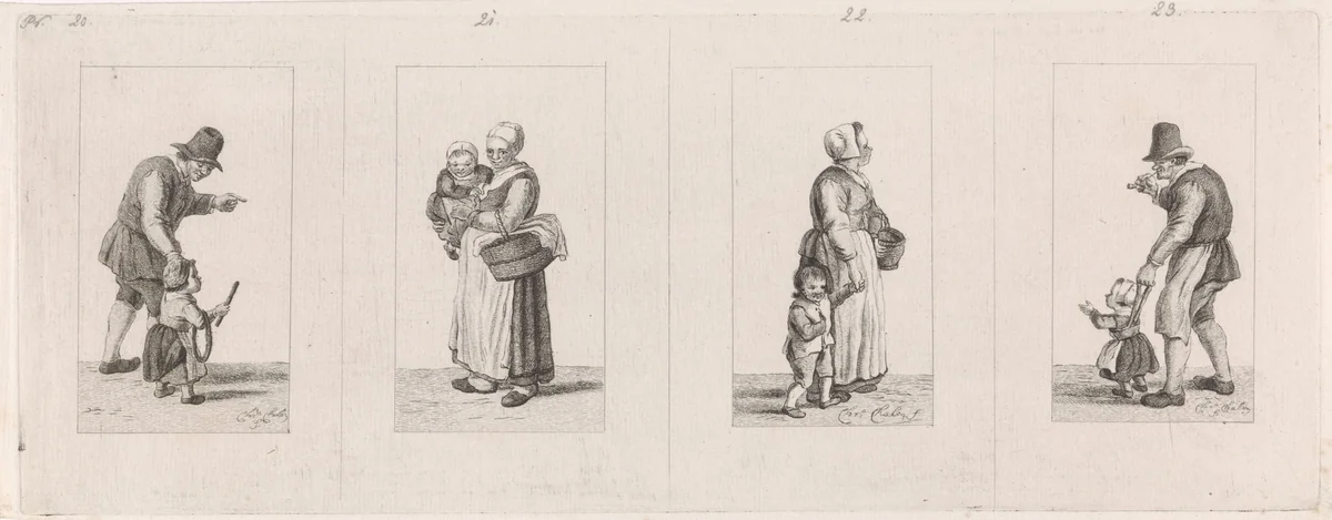 Vier voorstellingen van een staand figuur met kind by Pieter de Mare, print, 1779