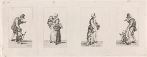 Vier voorstellingen van een staand figuur met kind by Pieter de Mare, print, 1779