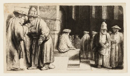 Jews in the Synagogue by Rembrandt van Rijn, print, 1648