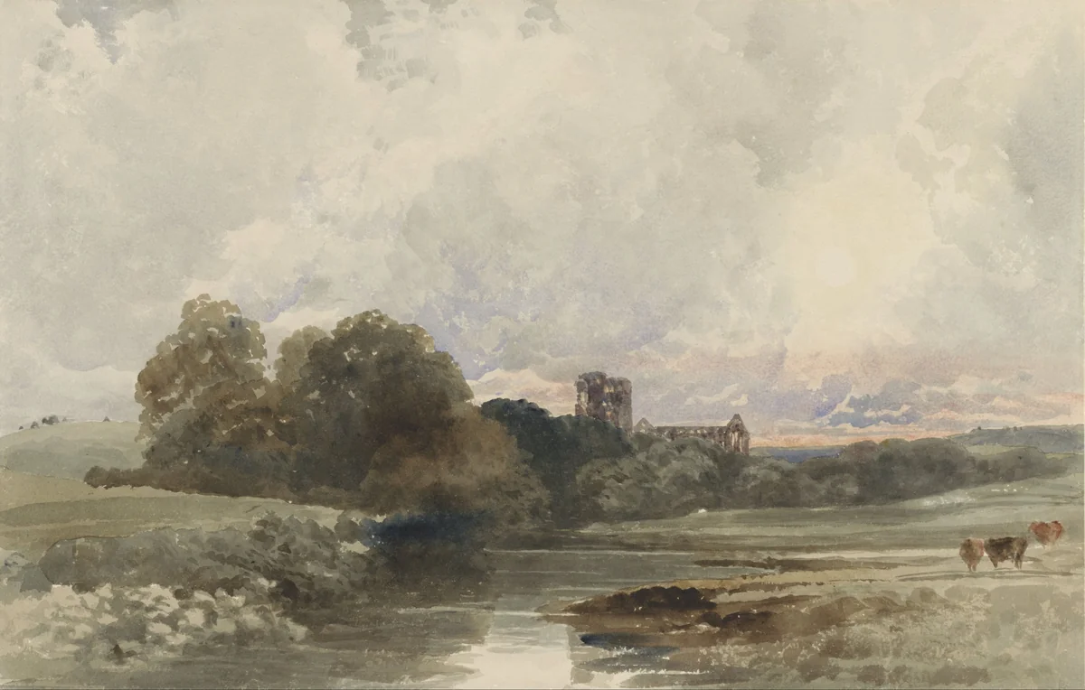 Avondlandschap met de ruïne van Kirkstall Abbey, Yorkshire by Peter de Wint, drawing, 1794-1849