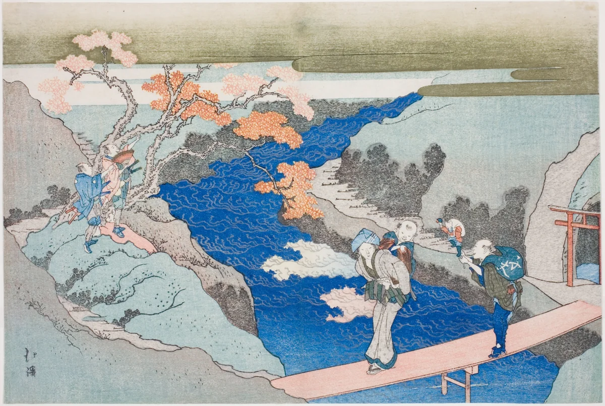 Autumn Maples at Takinogawa River, from the album "The Eternal Waterfall (Tokiwa no taki)" by Totoya Hokkei (魚屋北渓), print, 1833