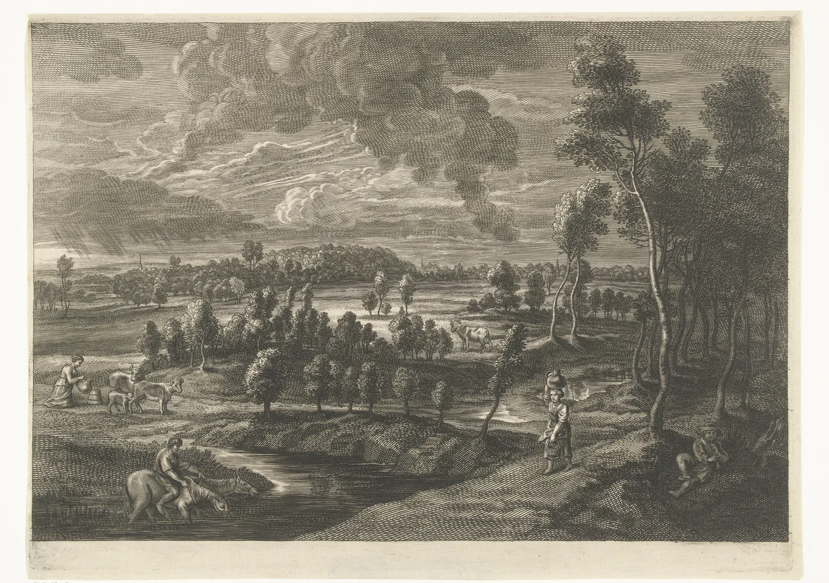 Landschap met vrouw met kruik op hoofd by Schelte Adamsz. Bolswert, print, 1596-1659