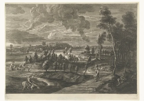 Landschap met vrouw met kruik op hoofd by Schelte Adamsz. Bolswert, print, 1596-1659