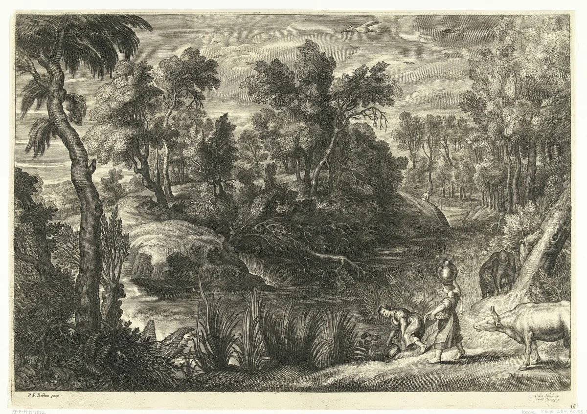 Landschap met vrouwen die water halen by anonymous, print, 1596-1709