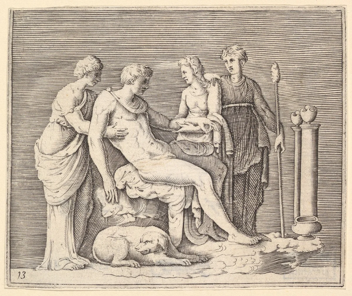 Man Attended by Three Women, from "Ex Antiquis Cameorum et Gemmae Delineata/ Liber Secundus/et ab Enea Vico Parmen Incis" by anonymous, print, 1599-1622
