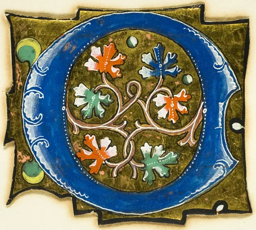 Decorated Initial "O" with Six Oak Leaves and Two Balls by European, painting, 1301-1400