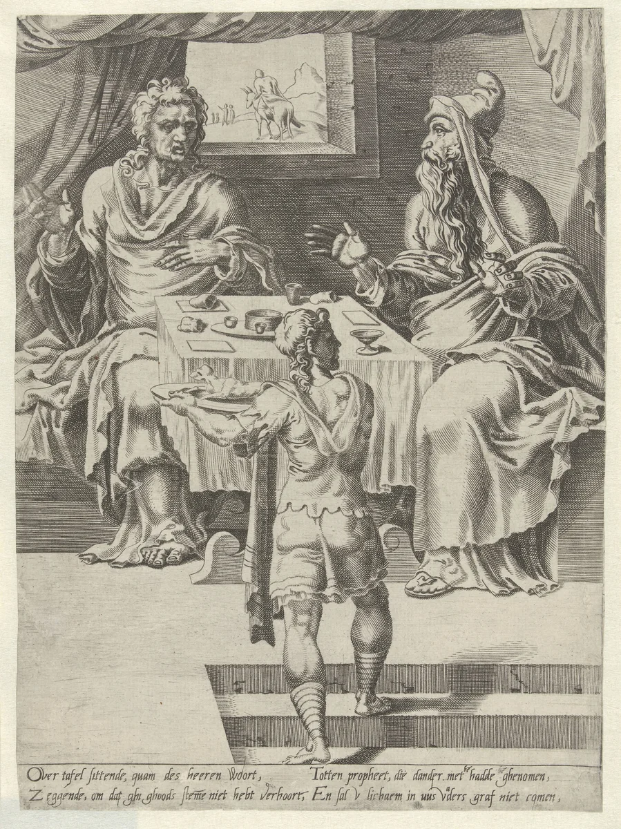 Maaltijd van de godsman en de oude profeet by Unknown, print, 1548-1554