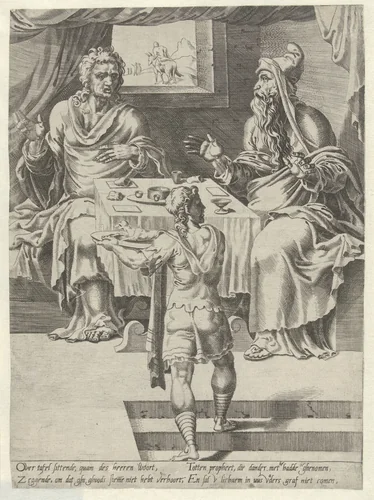Maaltijd van de godsman en de oude profeet by Unknown, print, 1548-1554