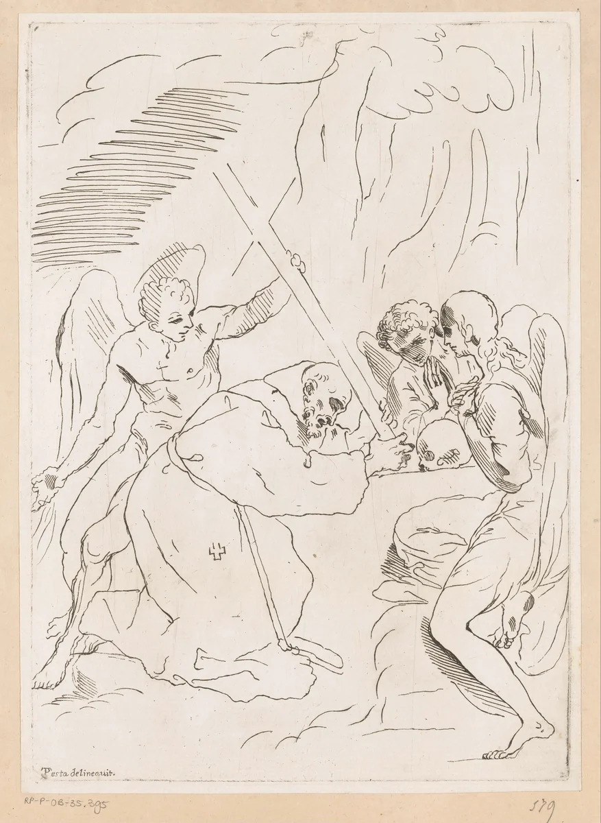 Heilige Antonius in gebed voor altaar by anonymous, print, 1650-1750