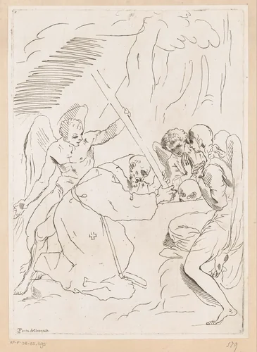 Heilige Antonius in gebed voor altaar by anonymous, print, 1650-1750