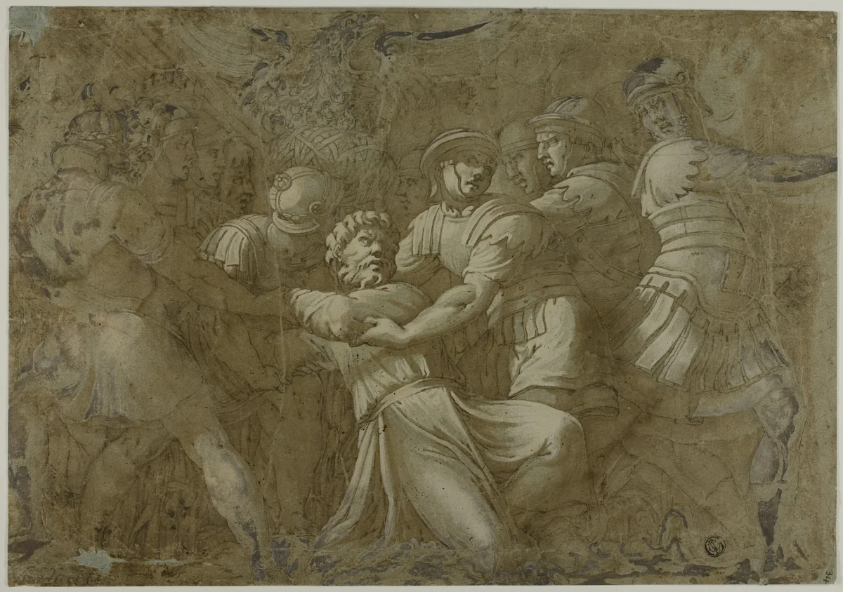 Roman Soldiers Arresting Saint Peter (?) by Polidoro Caldara, drawing, 1525-1600