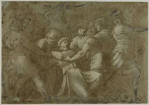 Roman Soldiers Arresting Saint Peter (?) by Polidoro Caldara, drawing, 1525-1600