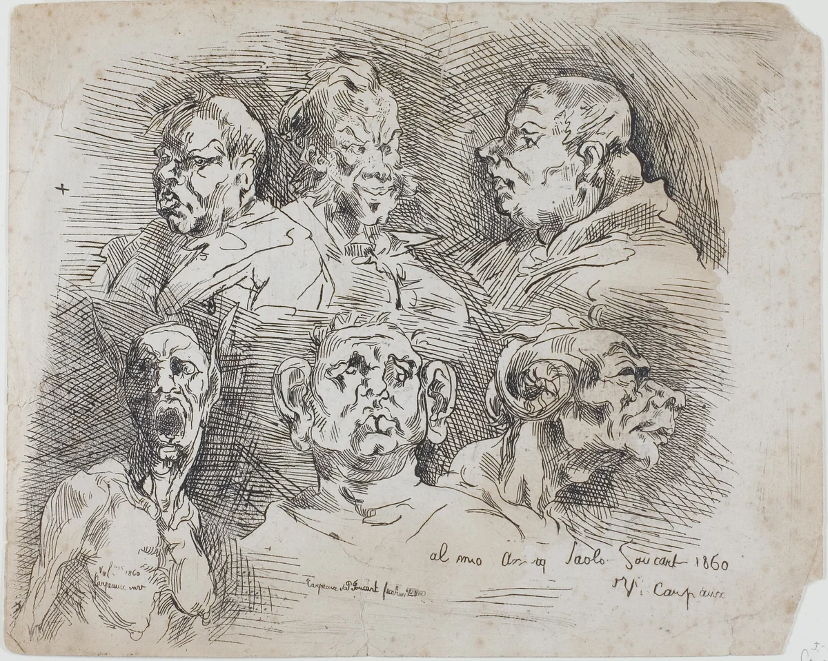 Studies of Heads by Jean Baptiste Carpeaux, print, 1860
