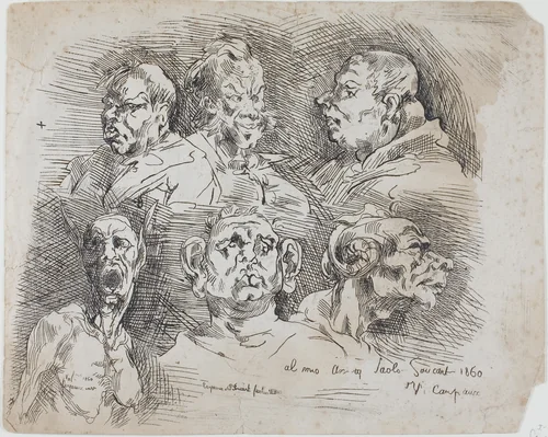 Studies of Heads by Jean Baptiste Carpeaux, print, 1860