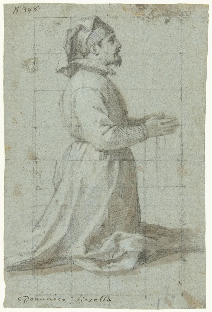 Knielende stichter met een broederschapskap by Domenico Fiasella, drawing, 1630-1639