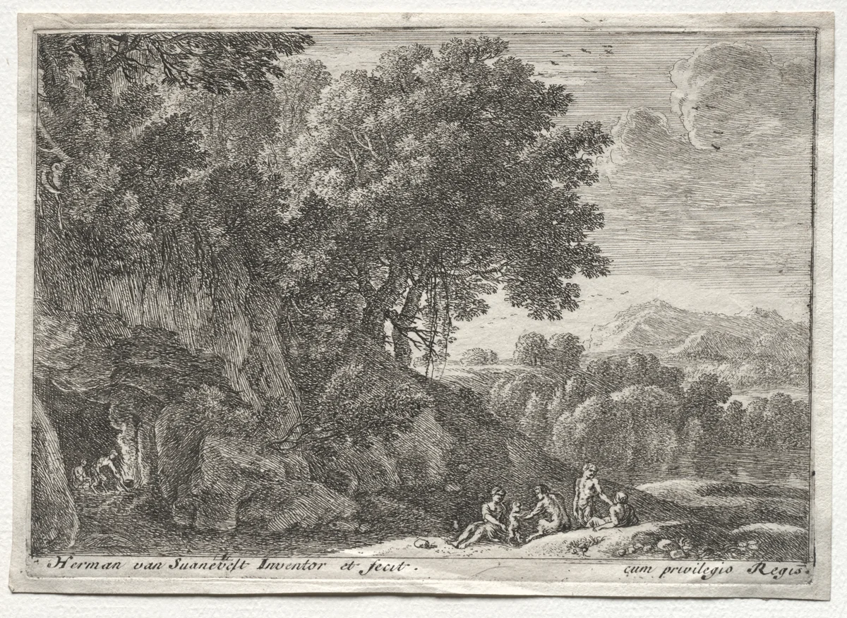 Landscape with Satyrs by Herman van Swanevelt, print, 1623-1655