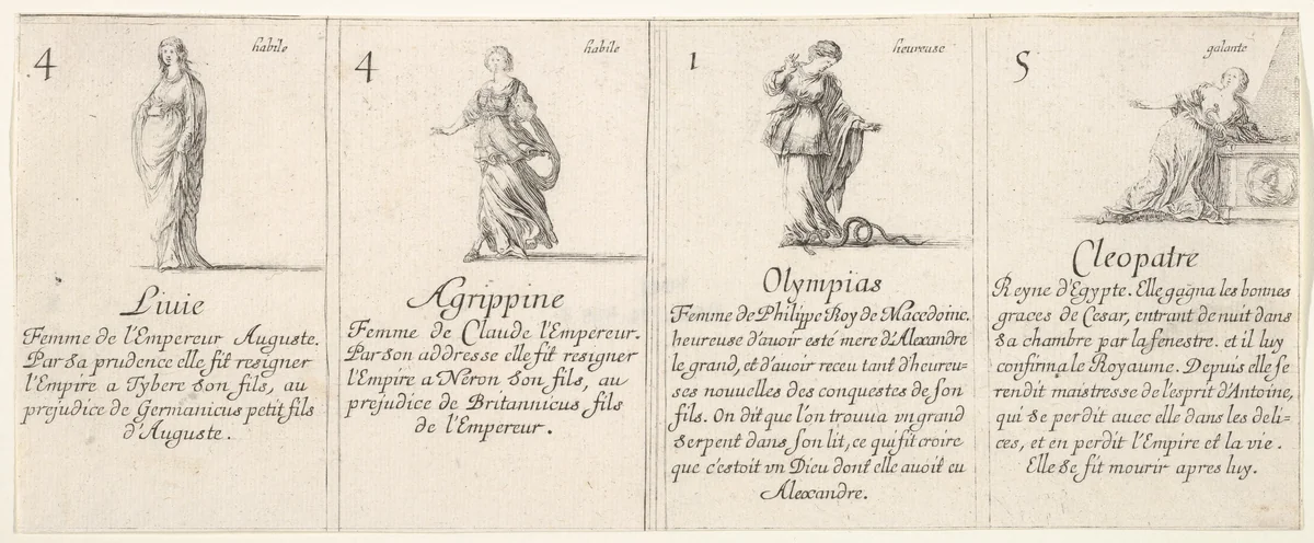 Liuie, Agrippine, Olympias, and Cleopatre, from "The Game of Queens" (Le Jeu des Reines Renommées) by Stefano della Bella, print, 1644