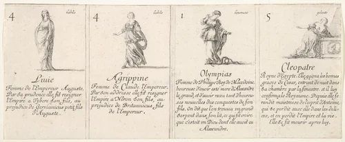 Liuie, Agrippine, Olympias, and Cleopatre, from "The Game of Queens" (Le Jeu des Reines Renommées) by Stefano della Bella, print, 1644