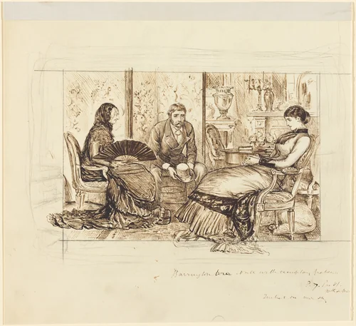 "Barrington bore it all with exemplary patience" by George Du Maurier, drawing, 1878-1879