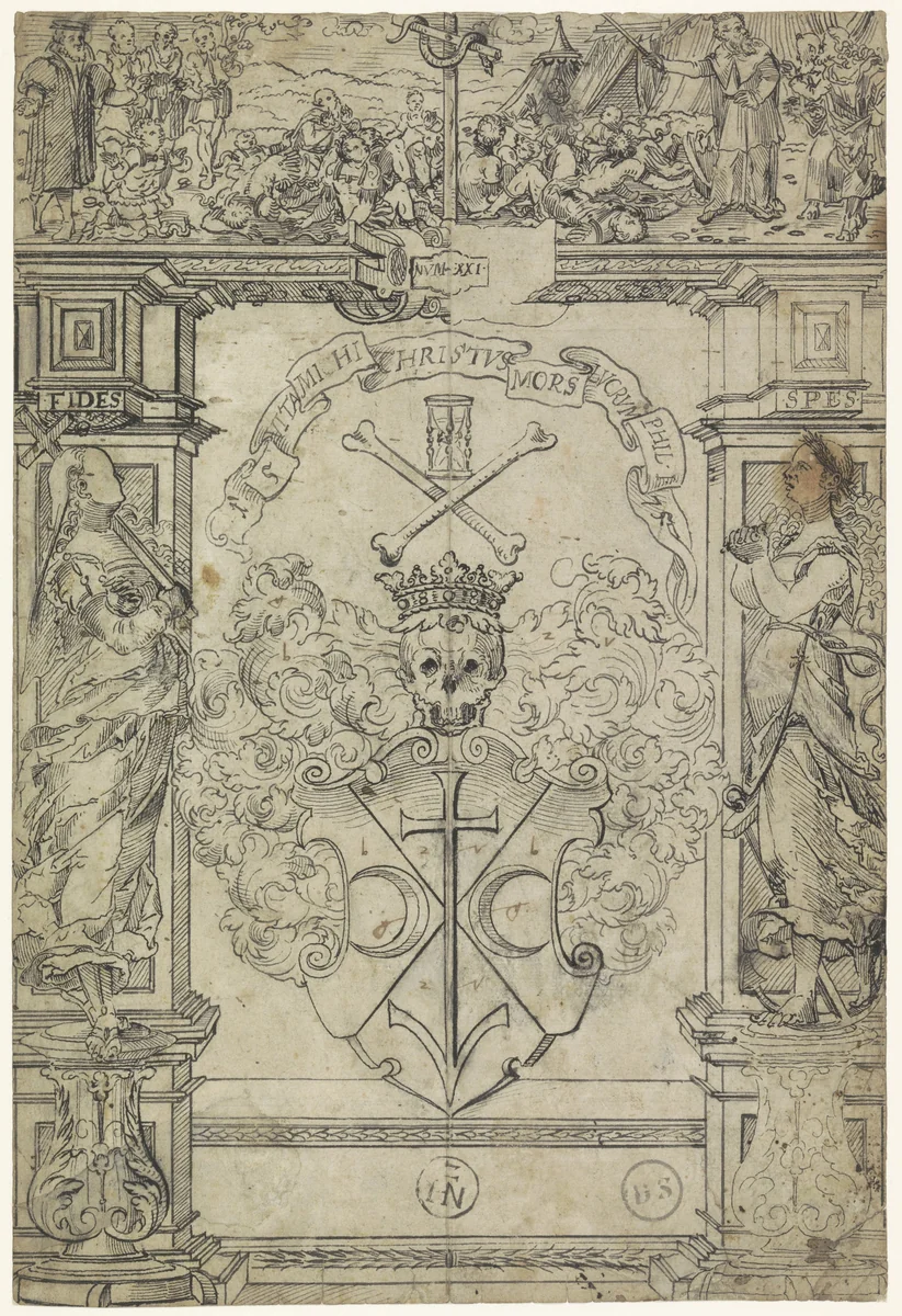 Ontwerp voor een glasraam met een wapen, de figuren Fides en Spes, en Mozes en de koperen slang by anonymous, drawing, 1500-1600