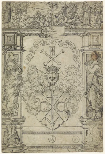Ontwerp voor een glasraam met een wapen, de figuren Fides en Spes, en Mozes en de koperen slang by anonymous, drawing, 1500-1600