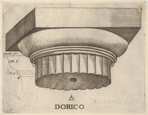 Doric capital with measurements by Monogrammist G.A. with the Caltrop, print, 1525-1535