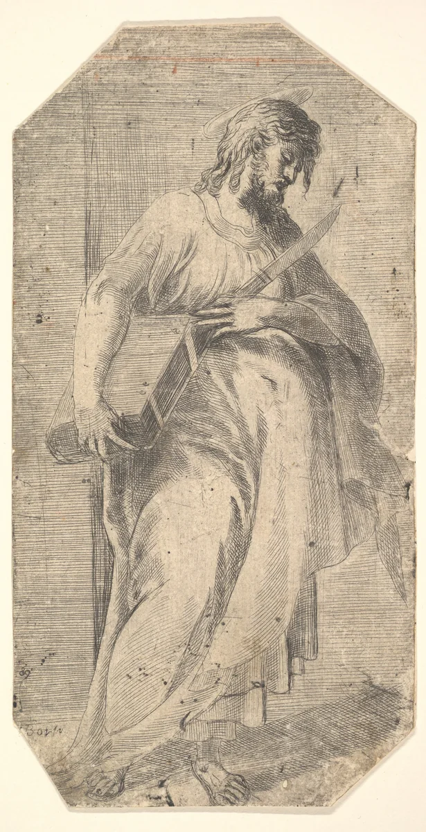 Saint Bartholomew facing right, book under his right arm, knife in his left hand, from "Christ and the Apostles" by Andrea Schiavone, print, 1543-1553