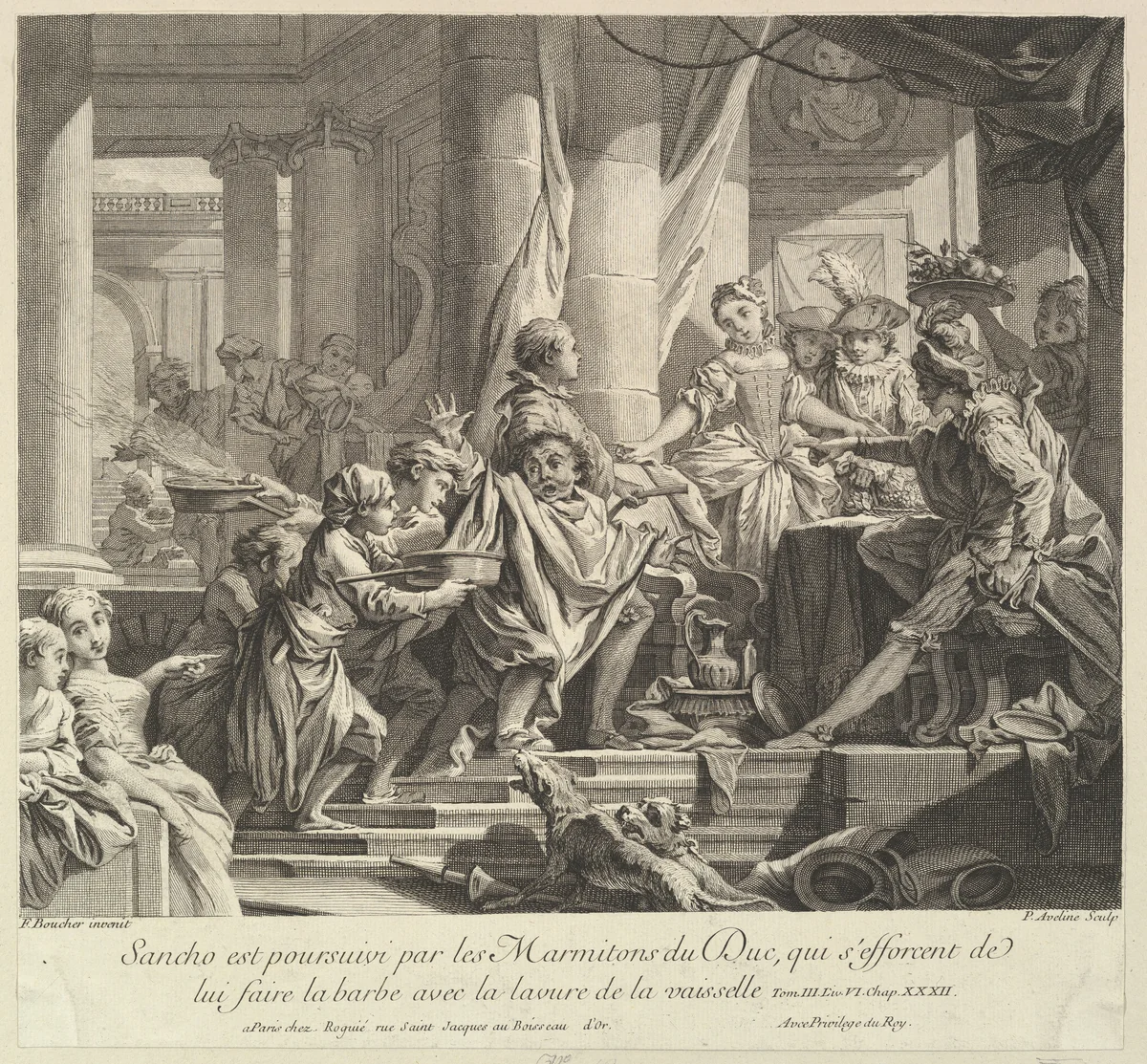 Sancho Pursued by the Kitchen Boys of the Duke by Pierre Alexandre Aveline, print, 1720-1760