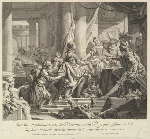Sancho Pursued by the Kitchen Boys of the Duke by Pierre Alexandre Aveline, print, 1720-1760