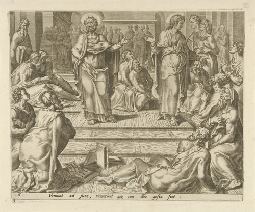 Petrus en Johannes tussen hun leerlingen by Unknown, print, 1558
