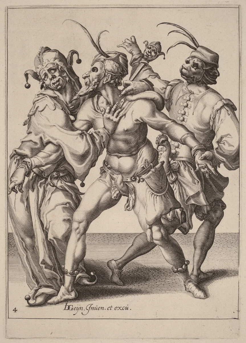 Three Dancing Mummers, Including a Jester by Zacharias Dolendo; Jacques de Gheyn II, print, 1518-1641
