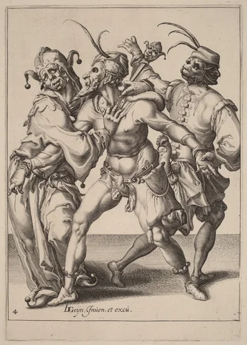 Three Dancing Mummers, Including a Jester by Zacharias Dolendo; Jacques de Gheyn II, print, 1518-1641