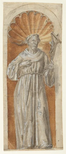 Standing Franciscan Saint in a Niche by anonymous, drawing, 1650-1700