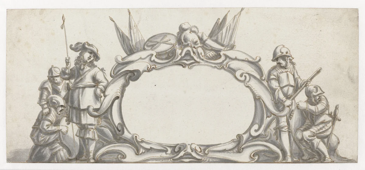 Cartouche geflankeerd door vijf soldaten by Pieter Jansz, drawing, 1630-1672