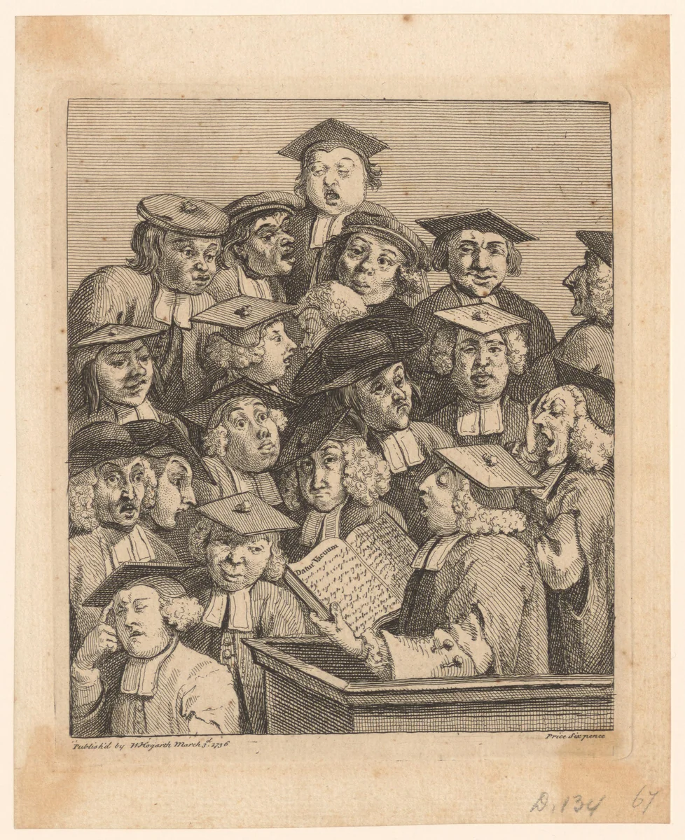 Geleerden bij een lezing by William Hogarth, print, 1736