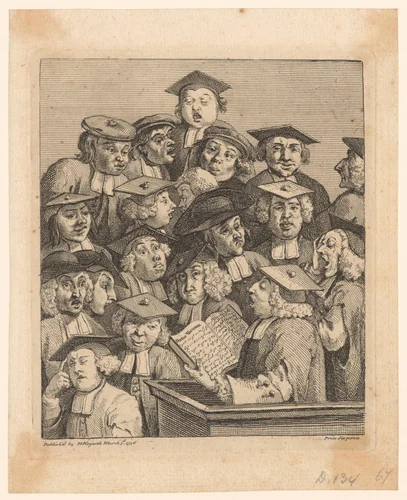 Geleerden bij een lezing by William Hogarth, print, 1736