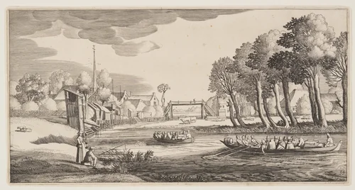 Travellers in Row-Boats approaching a Village, from Landscapes (Playsante Lantschappen) by Claes Jansz. Visscher II, print, 1641