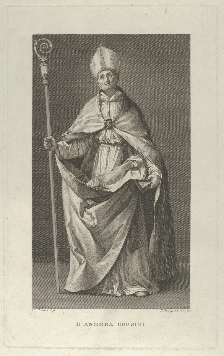 Saint Andrea Corsini dressed as Bishop of Fiesole, holding a crosier and looking up, after Reni by Francesco Rosaspina, print, 1775-1841
