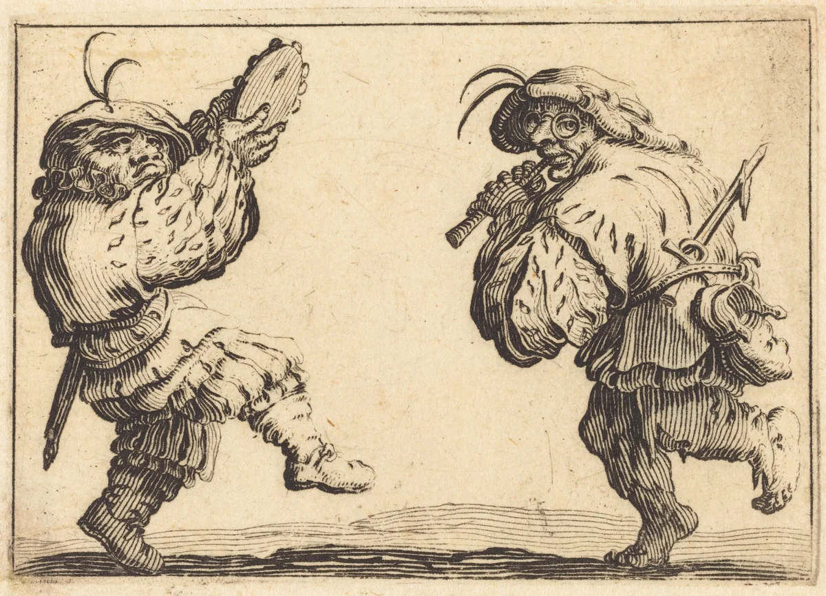 Dancers with Flute and Tambourine by Jacques Callot, print, 1617
