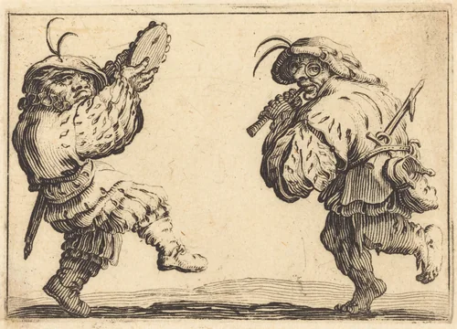 Dancers with Flute and Tambourine by Jacques Callot, print, 1617