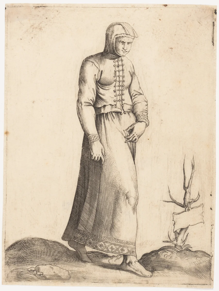Costume Plate: Woman with Hooded Garment by Enea Vico, print, 1552-1563
