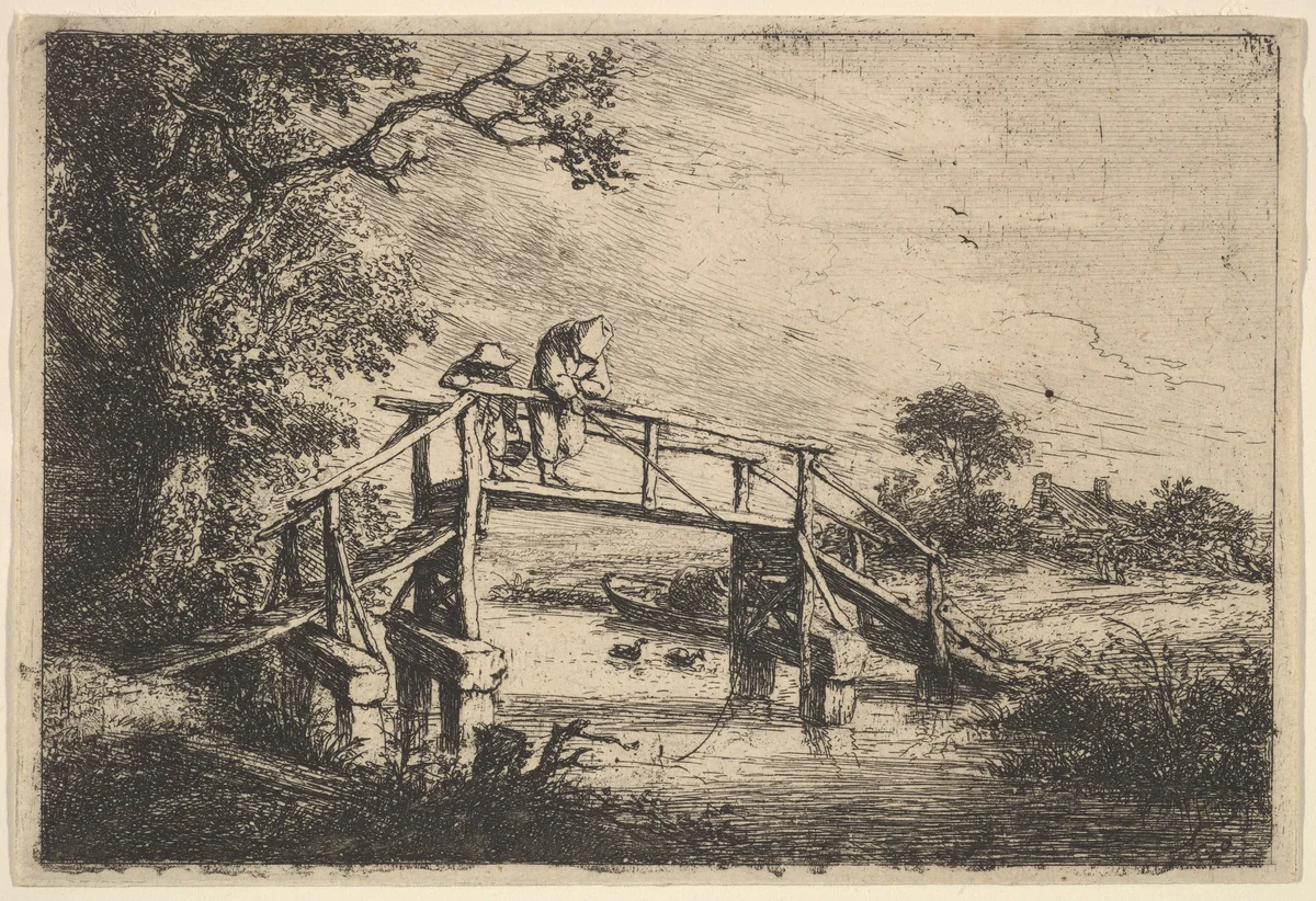 Two Anglers on a Bridge by Adriaen van Ostade, print, 1647