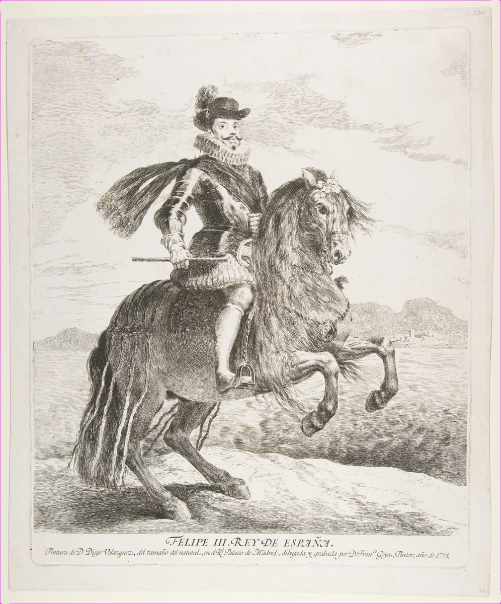 Philip III, King of Spain on horseback, after Velázquez by Goya, print, 1778