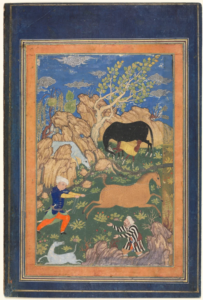 Rustam Lassoing his Horse, Rakhsh, in a Landscape (recto) by Unknown, manuscript, 1400-1500