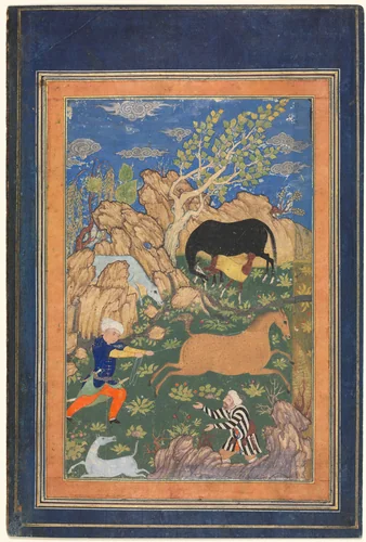 Rustam Lassoing his Horse, Rakhsh, in a Landscape (recto) by Unknown, manuscript, 1400-1500