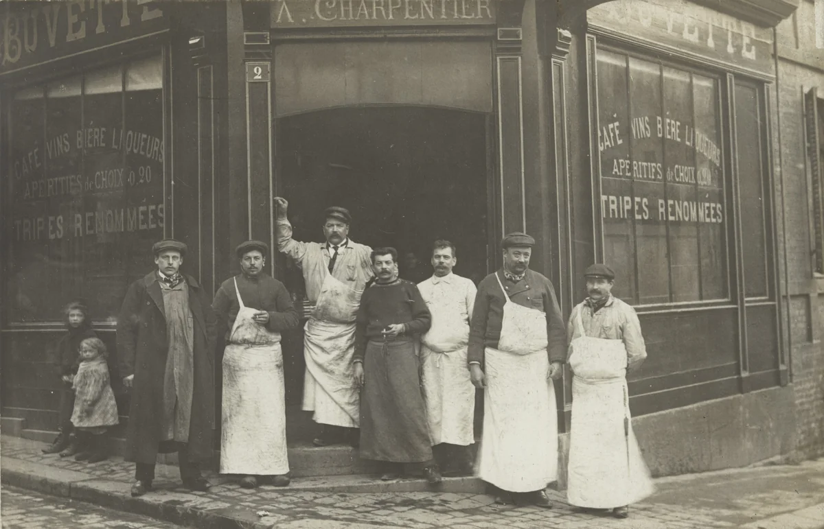 Buvette, A. Charpentier, Boucherie triperie tablier, Café vins bière, Tripes renommées, Ed Mage, photographe, Plaque Guilleminot, Montrouge by Unidentified Photographer, photograph, 1907